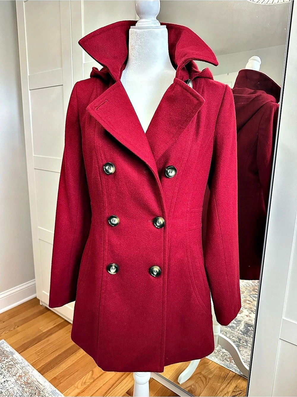 Nautica Hooded Pea Coat in Red Size Small Like New